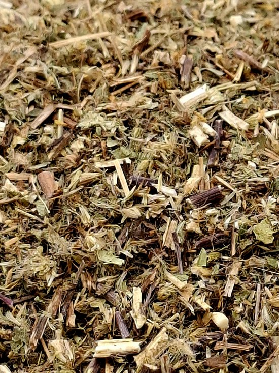 Gedroogde guldenroede met fijne takjes, groene en bruine blaadjes.