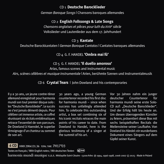 Boekje met teksten over de cd's, met de titels "German Baroque Lieder", "English Folksongs & Lute Songs", "Kantate", "'Ombra mai fù'", "'Il duello amoroso'" en "Crystal Tears".