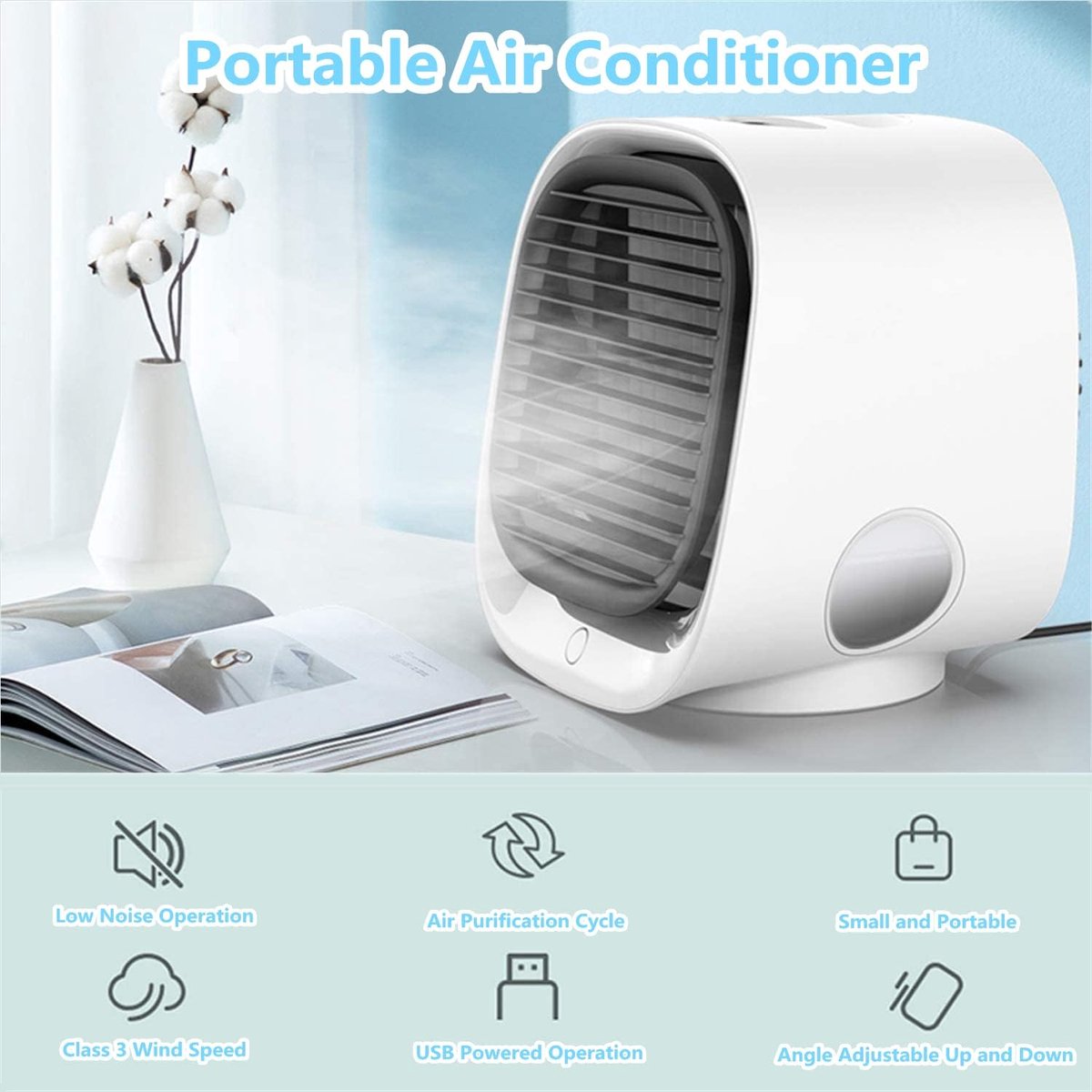 Mini Airco - Luchtkoeler - Airco met water - Koelventilator - USB Airconditioner - Mini Aircooler met Water - Afelventilator - Coolingdown - Mobiele Airco - Koelen, Blazen, Lucht Bevochtigen - Mobiele Airco - Draagbare - 166*152*142mm - 300ML – foto 3