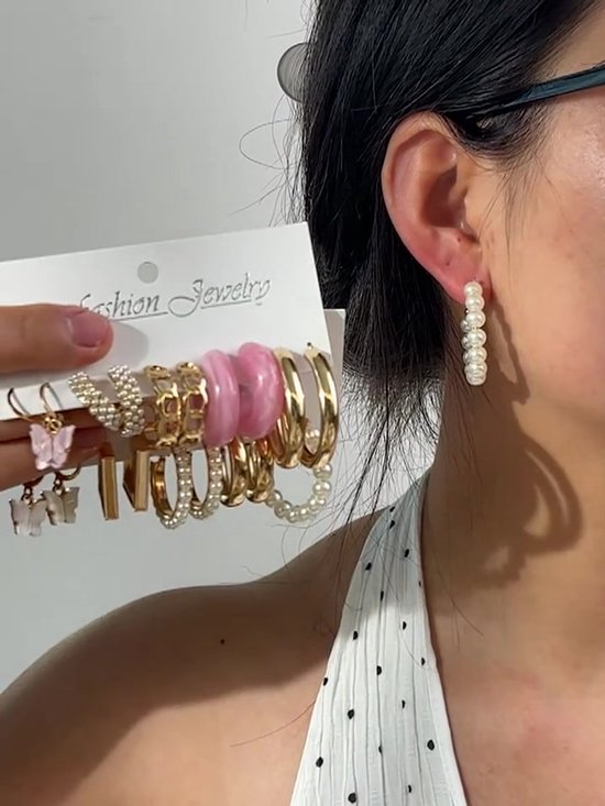 10 Paar Dames oorbellen Set – Mix van Goudkleurige, Parel-look, Acryl en Vlindervormige Oorbellen in Roze en Wit
