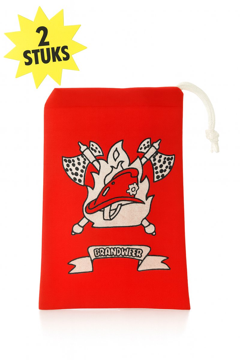 Set van 2 Knikkerzakken Brandweer – Rood Met Koordsluiting – Katoen – Brandweerprint – Speelgoed & Cadeau