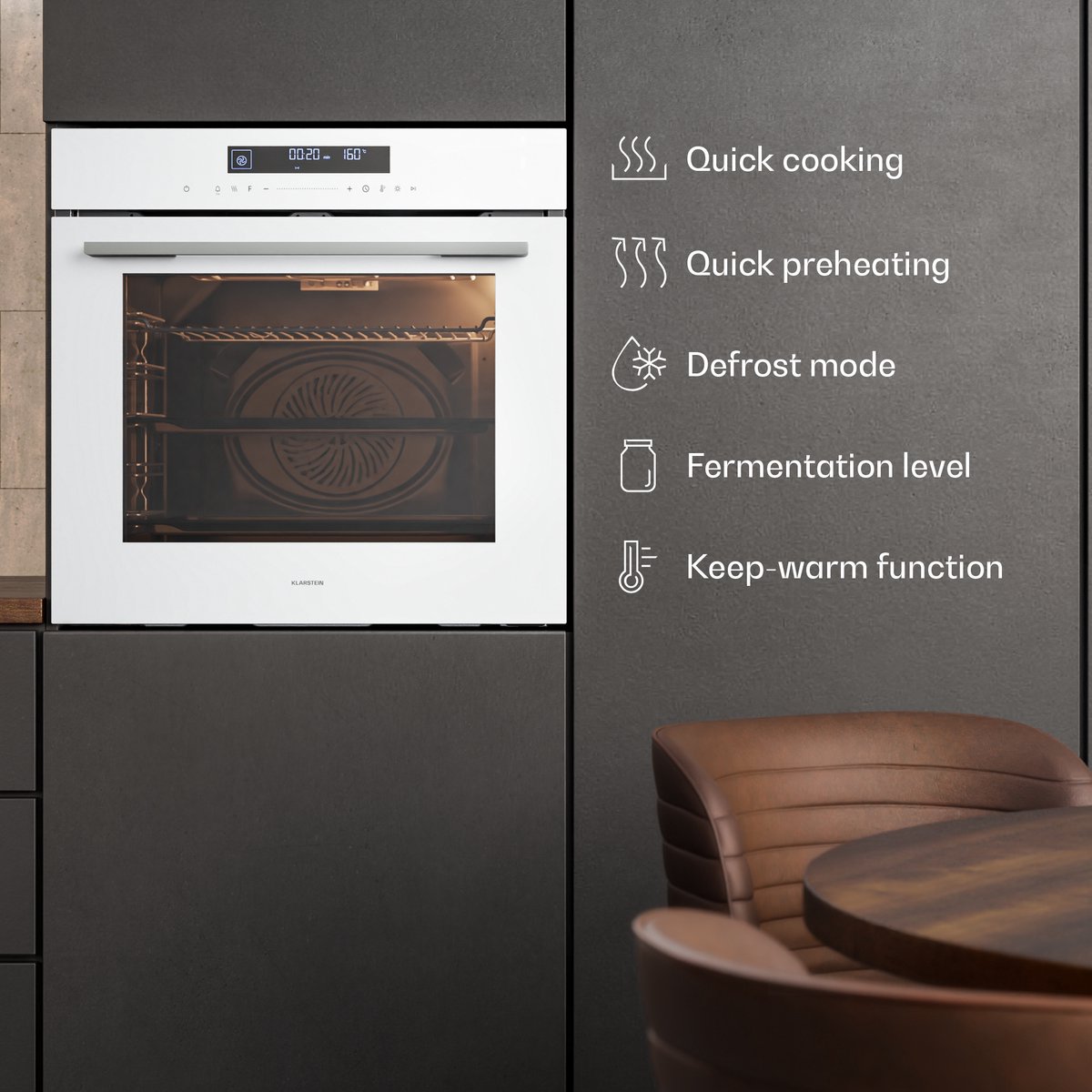 Klarstein Inbouwoven Velaire 74 l elektrische oven, 13 standen, touchbediening, energieklasse A+, geëmailleerde binnenkant, driedubbele beglazing, geïntegreerde enkele oven, 60 cm, mat en glazen design, wit - 74L - voor Keuken – foto 5
