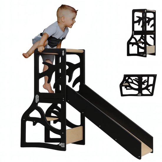 Zonovi Leertoren- Montessori Keukentrap - Learning Tower - Speeltafel - Kindertafel - Kindertrap - Leertoren - Keukentoren - Keukenhulp - Leerstoel - Met Glijbaan - Voor Peuters - Opvouwbaar - Inklapbaar - Zwart - Inclusief Antislip Strips