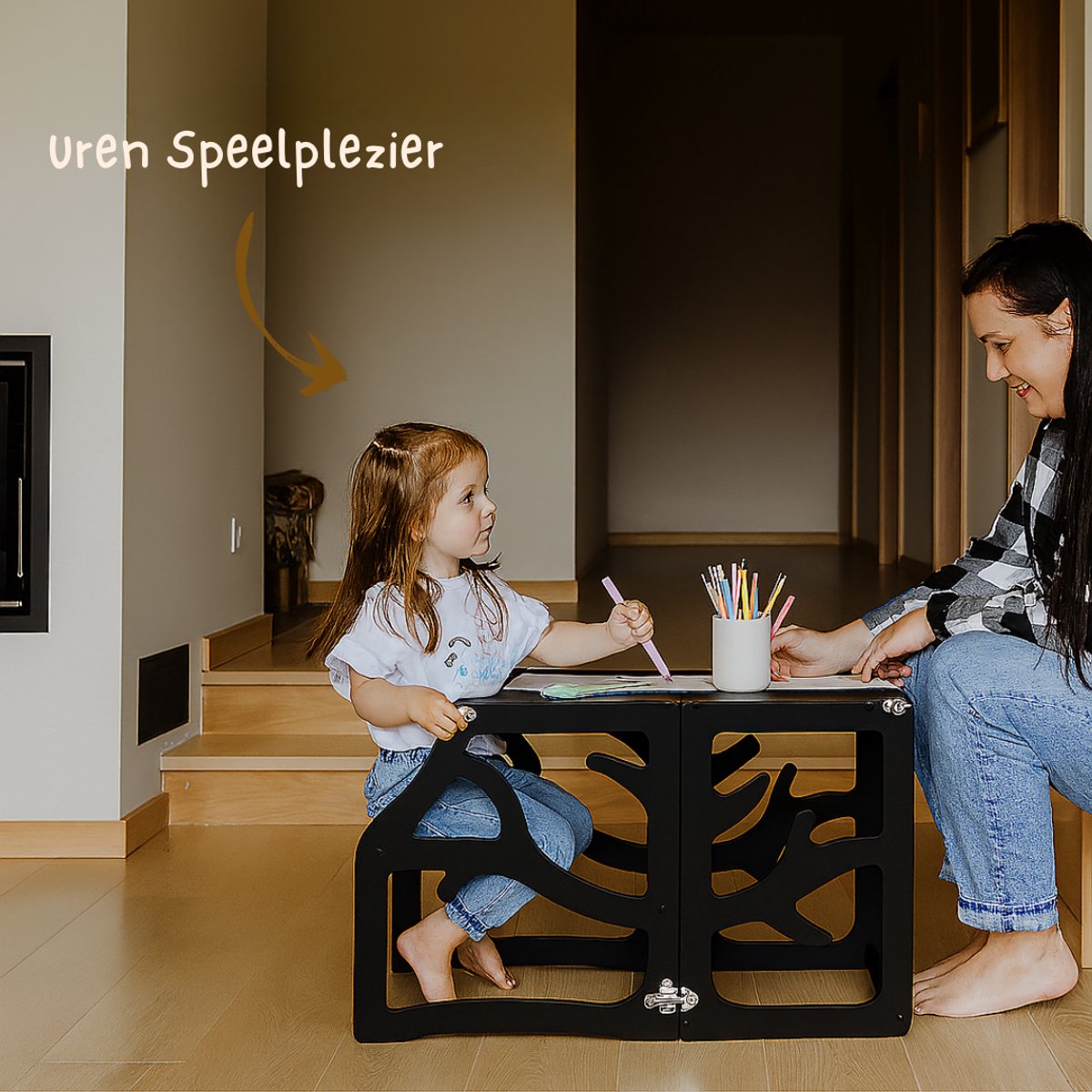Zonovi Leertoren- Montessori Keukentrap - Learning Tower - Speeltafel - Kindertafel - Kinder trap - Leertoren - Keuken toren - Keukenhulp - Leerstoel - Met Glijbaan - Voor Peuters - Opvouwbaar - Inklapbaar - 3 in 1 - Zwart - Inclusief Antislip Strips — afbeelding 7