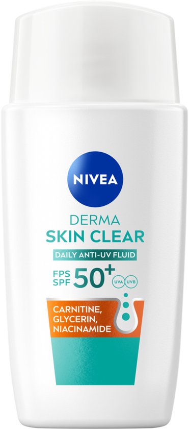 Witte fles NIVEA Derma Skin Clear Dagelijkse Anti-UV Fluïde SPF 50. 40ml.