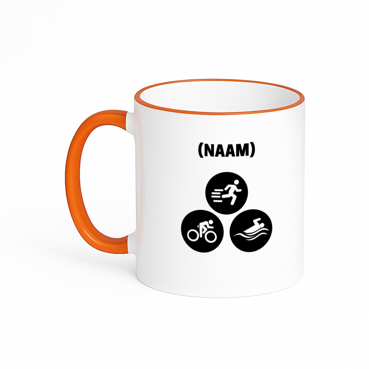 Hacebo® - Triathlon met eigen naam koffiebeker met gekleurde rand oranje - Sport - Sporter - thee mok - koffie beker - Thriathlon - koffiemok - 330 ML
