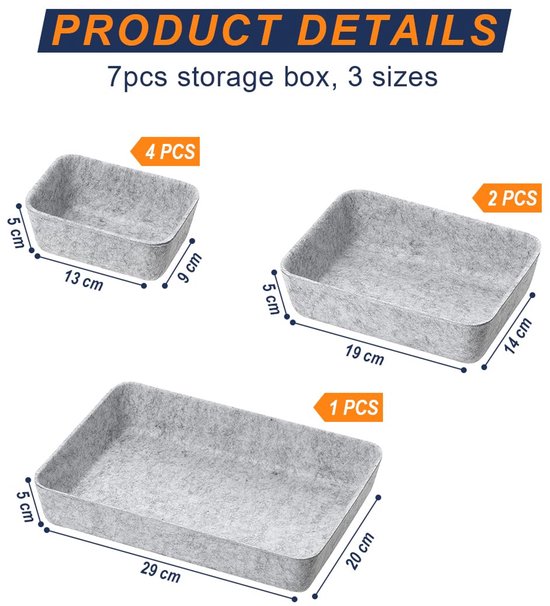 Fonyet Set van 7 lade-organizer, vilt, stapelbare vilten opbergdoos, laden met 3 maten, opbergsysteem lade voor bureau, make-uptafel, nachtkastje, kast
