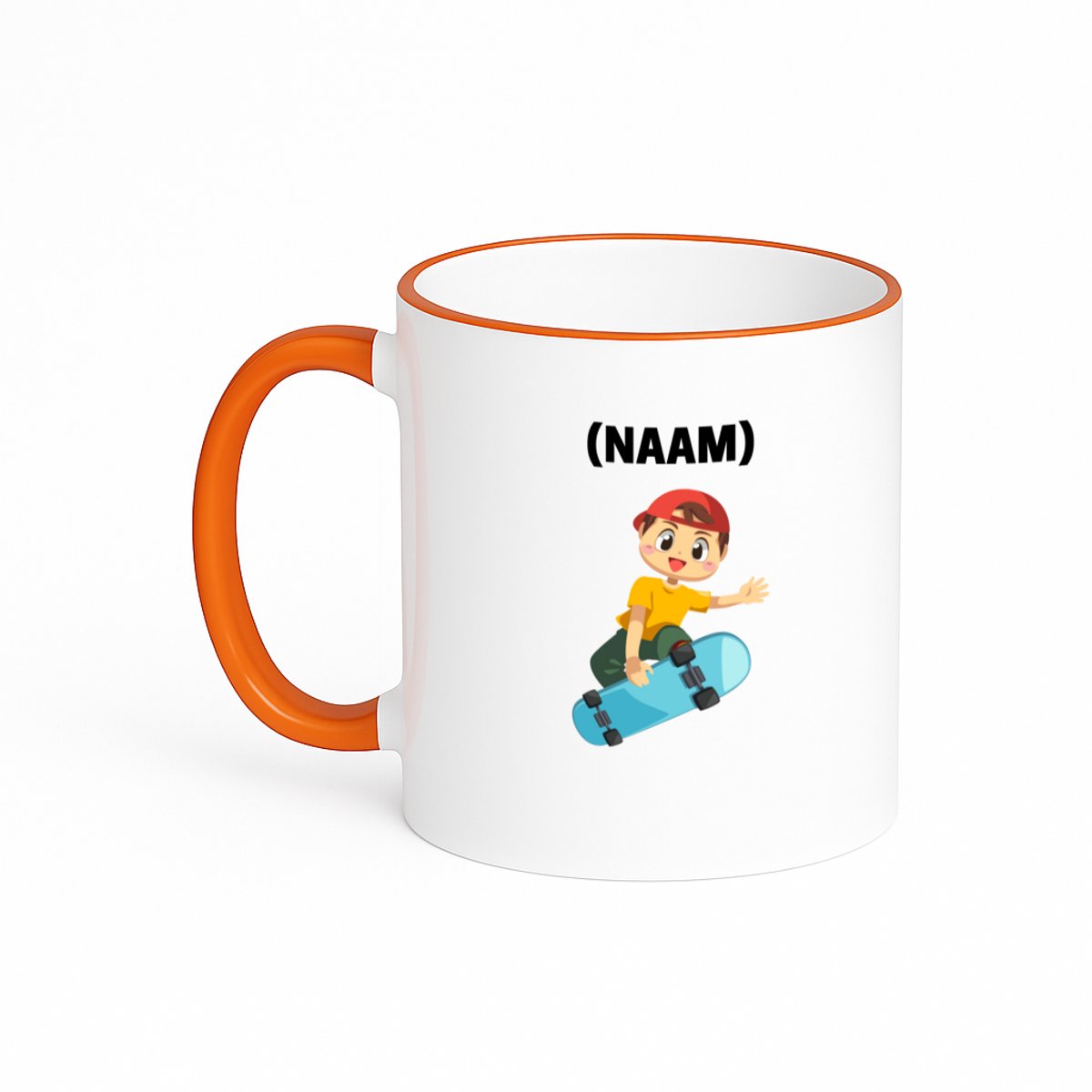 Hacebo® - Skateboarden met eigen naam koffiebeker met gekleurde rand oranje - Sport - Skateboarder - thee mok - koffie beker - Skaten - koffiemok - 330 ML