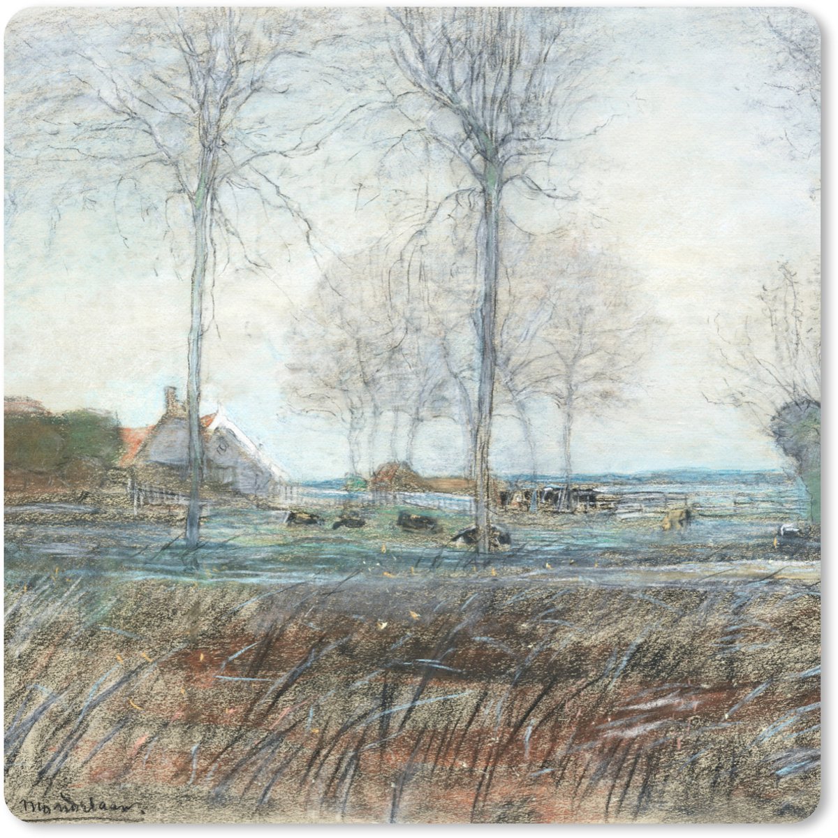 Muismat 30x30 cm - Mousepad Boerderij met drie hoge bomen op de voorgrond - Piet Mondriaan - Muismatten