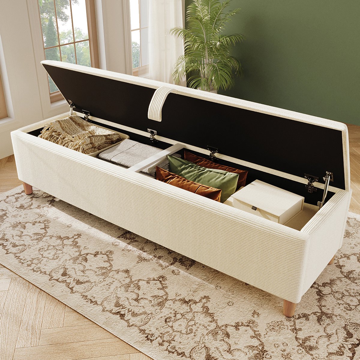 Pugsdrly Opbergbank met opberfunctie, 145 x 38 cm opbergbank, gestoffeerde bank met hydraulische opbergruimte, geschikt voor slaapkamer, woonkamer en hal, beige corduroy-optiek