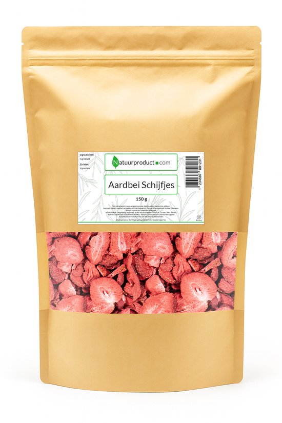 Bruine verpakking met "Aardbei Schijfjes" erop. Een venster toont veel gedroogde, rode aardbei schijfjes.