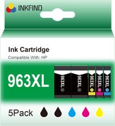 Cartouches d'encre INKFIND 963XL pour HP 963 HP963 HP 963XL 3YP35AE 3JA30AE 3JA27AE 3JA28AE 3JA29AE HP963 XL, lot de 5 (2 Zwart, 1 cyan, 1 magenta, 1 jaune) pour HP OfficeJet Pro 9010, 9014, 9012, 9020, 9025, 9015, 9016, 9019, 9022, 9018