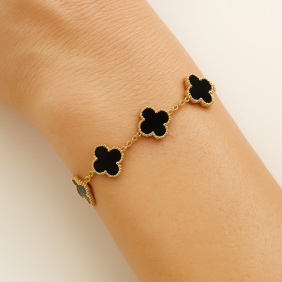 Estacks - Bracelet de Luxe - Bracelet trèfle doré - bracelet femme or - Trèfle noir 5 pièces -