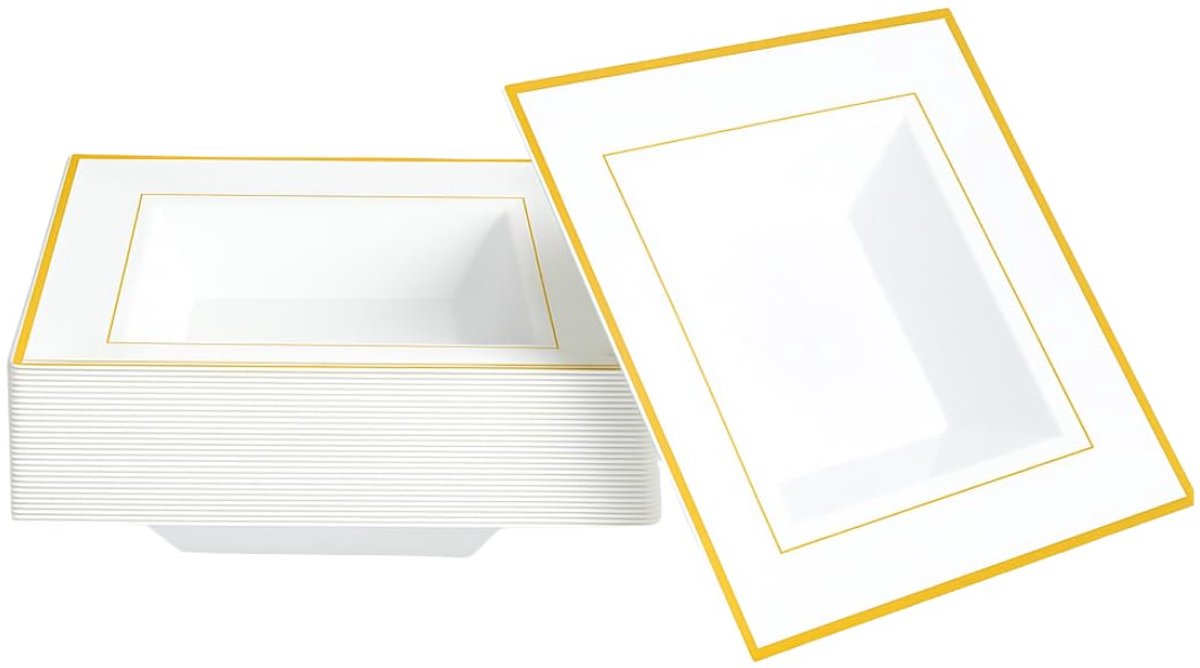 Elegante vierkante kommen - 350 ml - wit met gouden rand - herbruikbaar