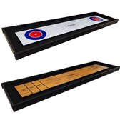 Curlingbaan met schijven en een sjoelbak met scorevakken, beide met zwarte randen.