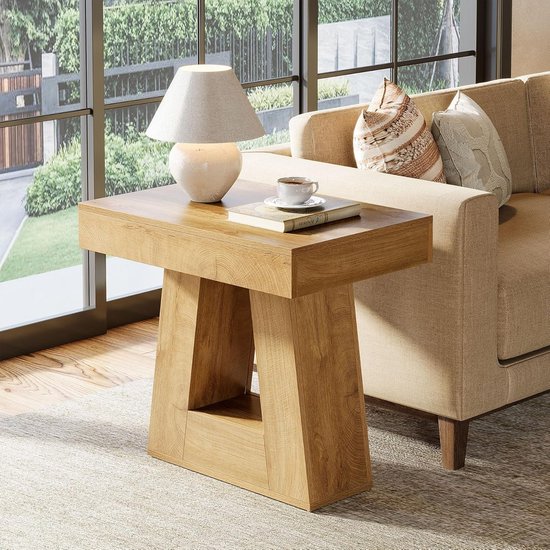 Table d'appoint Tribesigns - Table d'appoint moderne à 2 niveaux et base trapézoïdale - Table d'appoint - Petite table de chevet de style campagnard de 60 cm pour salon, chambre - 60 × 30 × 60 cm - Couleur bois naturel