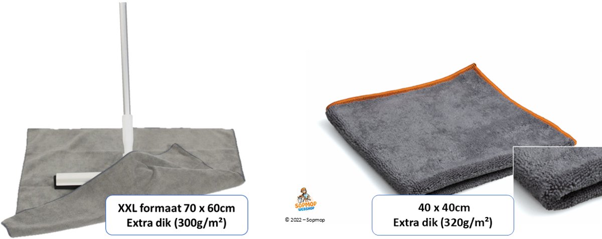 Sopmop Professionele Dweildoek XXL Grey 60 x 70cm & 1001 Dingen Microvezeldoek Grey/Orange 40 x40cm