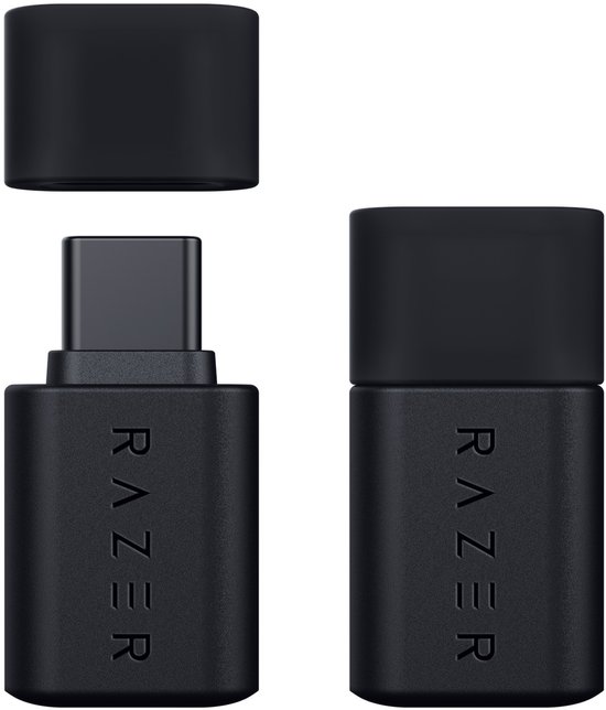 Zwarte Razer USB-C dongle, één met dop, één zonder.