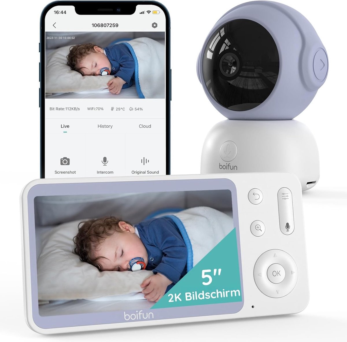 BOIFUN 2K splitscreen - slimme wifi-babyfoon met camera en audio - smartphone-app - AI-bewegings- en huildetectie - nachtzicht - 360° automatische tracking - 2-weg communicatie