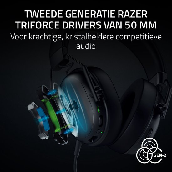 Zwarte Razer gaming headset met 50mm drivers en groene gloed.