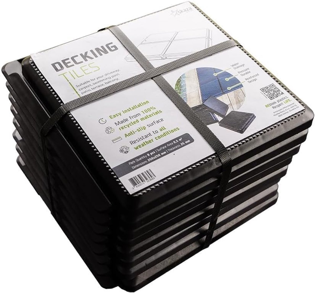 Skaza Balkonvloer - Buitenterrastegels met kliksysteem, Weerbestendige balkontegels - 25 x 25 cm, 0,5 m² 8 tegels - Draagvermogen tot 1000 kg, Modulair & Slipvast - 100% Gerecycled - Zwart