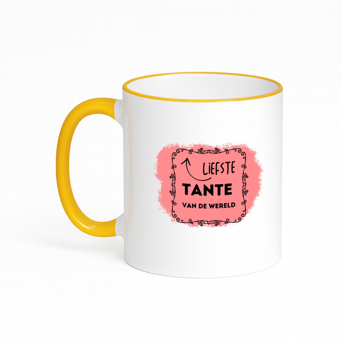 Hacebo® - liefste tante van de wereld koffiebeker met gekleurde rand goudgeel - Tante - de liefste tante - thee mok - koffie beker - verjaardag - cadeautje voor tante - kado - geschenk - koffiemok - 330 ML