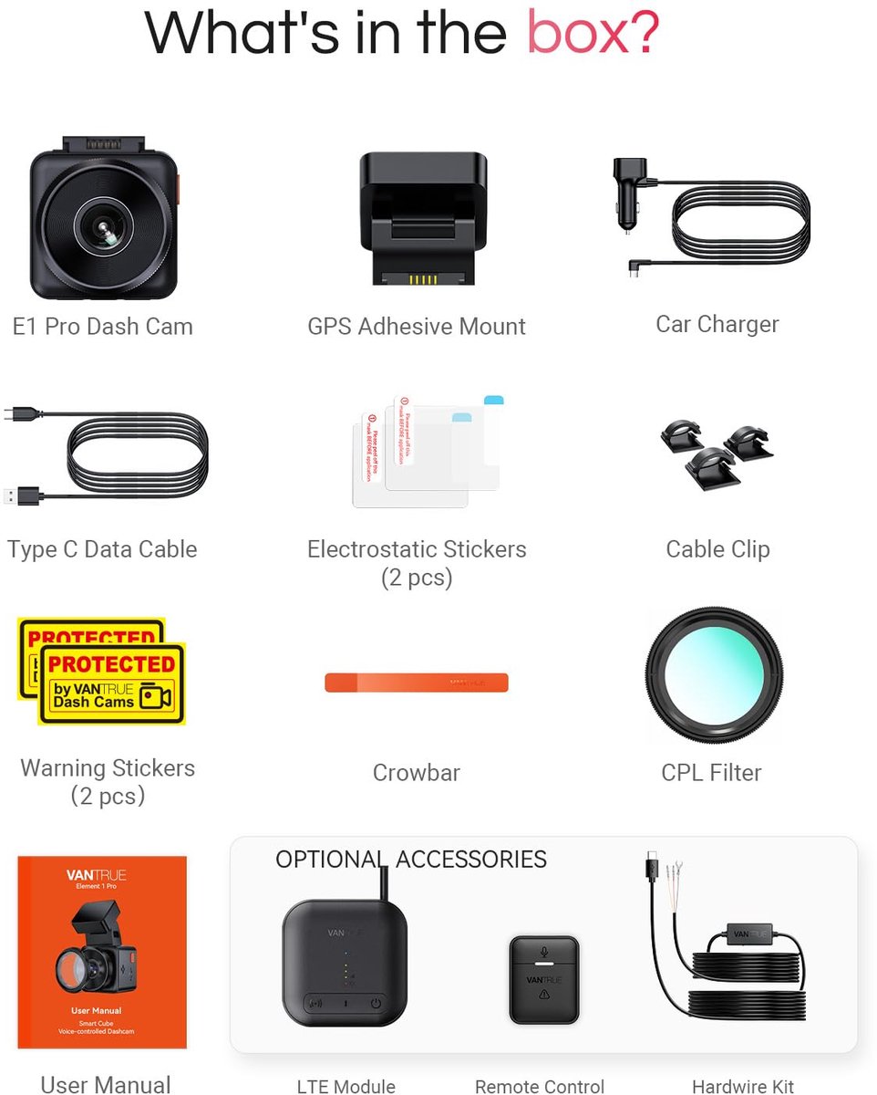 Vantrue E1 Pro 4K Mini Dashcam Voorzijde, STARVIS 2 PlatePix HDR Nachtzicht Autoradio, Ingebouwde 5G WiFi GPS, 1,54" IPS-scherm, LTE-ondersteuning, Spraakbediening, 24/7 Buffered Parkeermodus, Ondersteunt tot 1TB Max thumbnail 3