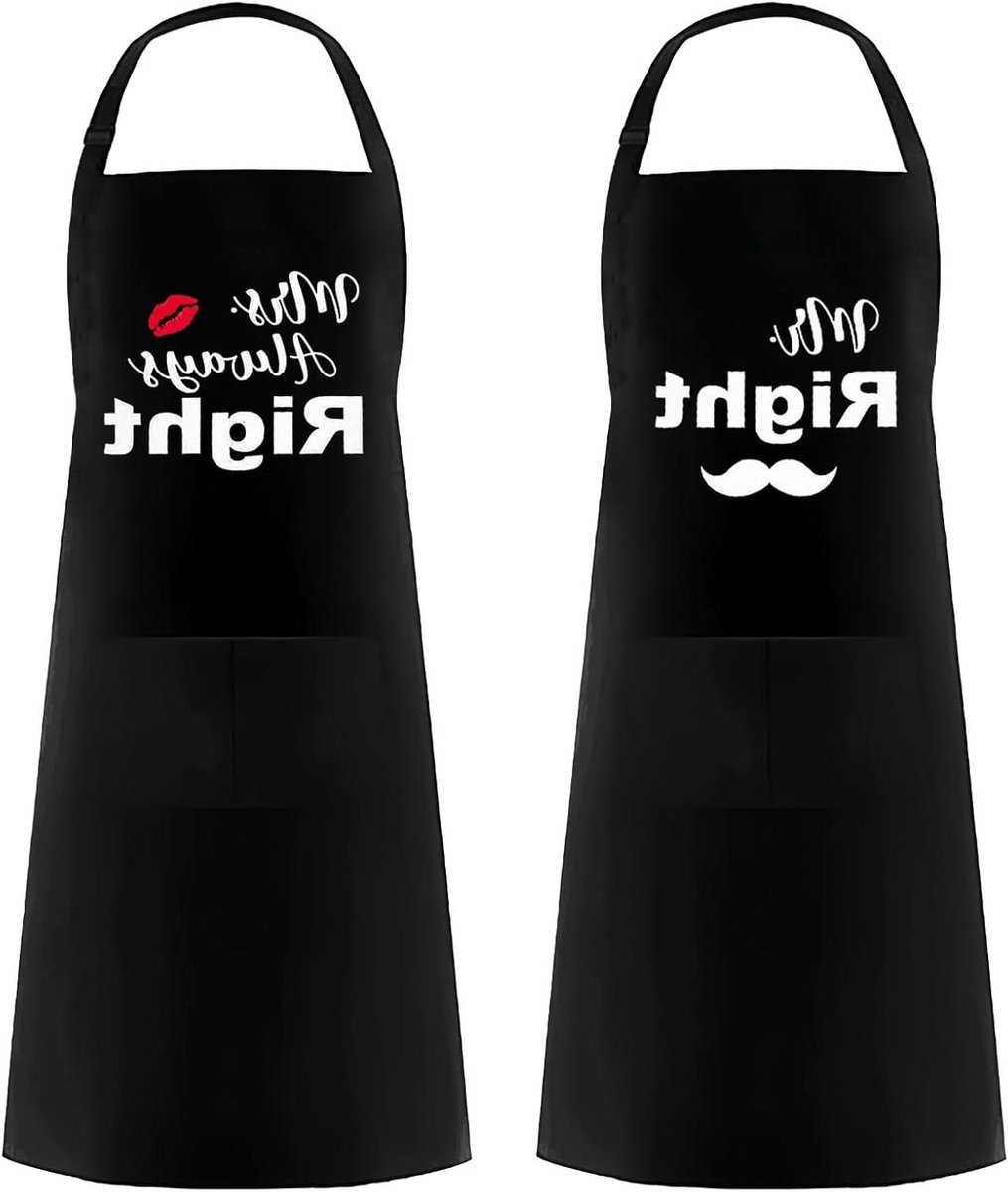Schortset Mr & Mrs - Verstelbare schorten 2 stuks met zakken - voor bruiloft en Valentijnsdag - zwart Eén Maat