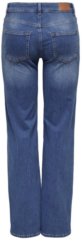 Achterkant van een spijkerbroek met rechte pijpen in middelhoge taille, met wassing.