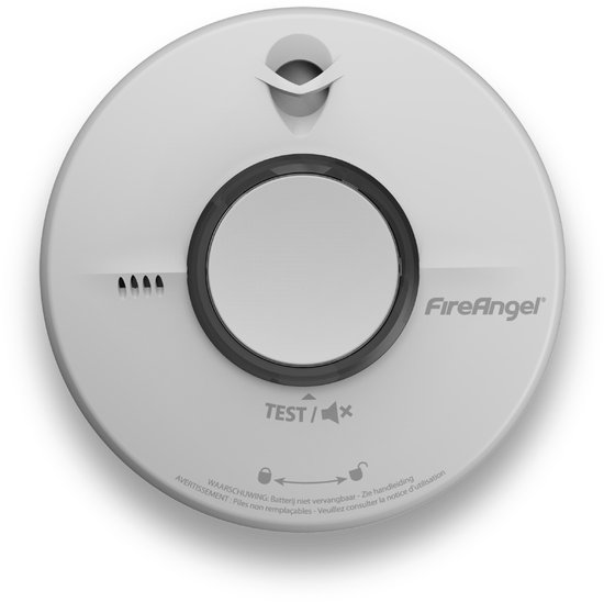 Witte FireAngel rookmelder met grote testknop en zwarte ring. Tekst: WAARSCHUWING: Batterij niet vervangbaar - zie handleiding.