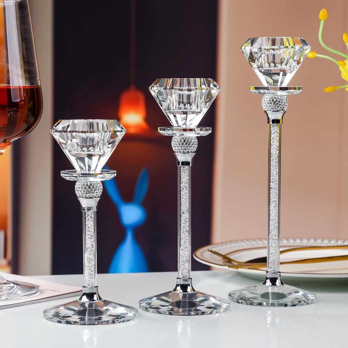 Kristallen kandelaar, kaarsenhouder kristalglas set van 3, ruitvormig exclusieve kandelaar 17/20/23 cm hoog moderne tafeldecoratie woonkamerdecoratie bruiloft feest Advent Kerstmis (wit)