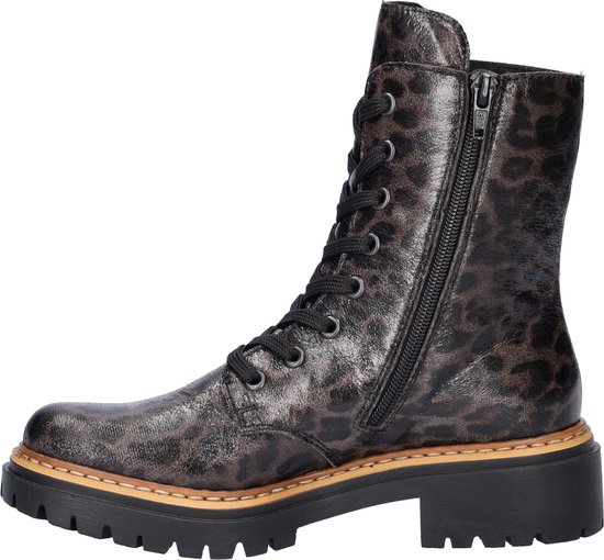 Bruine veterboot met panterprint, rits aan de zijkant, veters en dikke zool.
