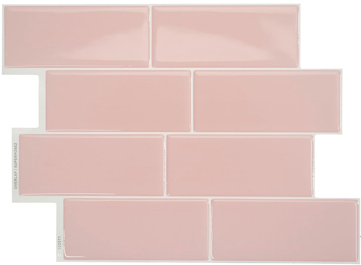 Smart Tiles zelfklevende keuken- en badkamertegels – Metro Pink, 3D-tegelstickers, zelfklevende keukenachterwand, wandpanelen, 5 tegels (29,34 x 21,28 cm), eenvoudig te installeren, waterdicht, gemaakt in Canada