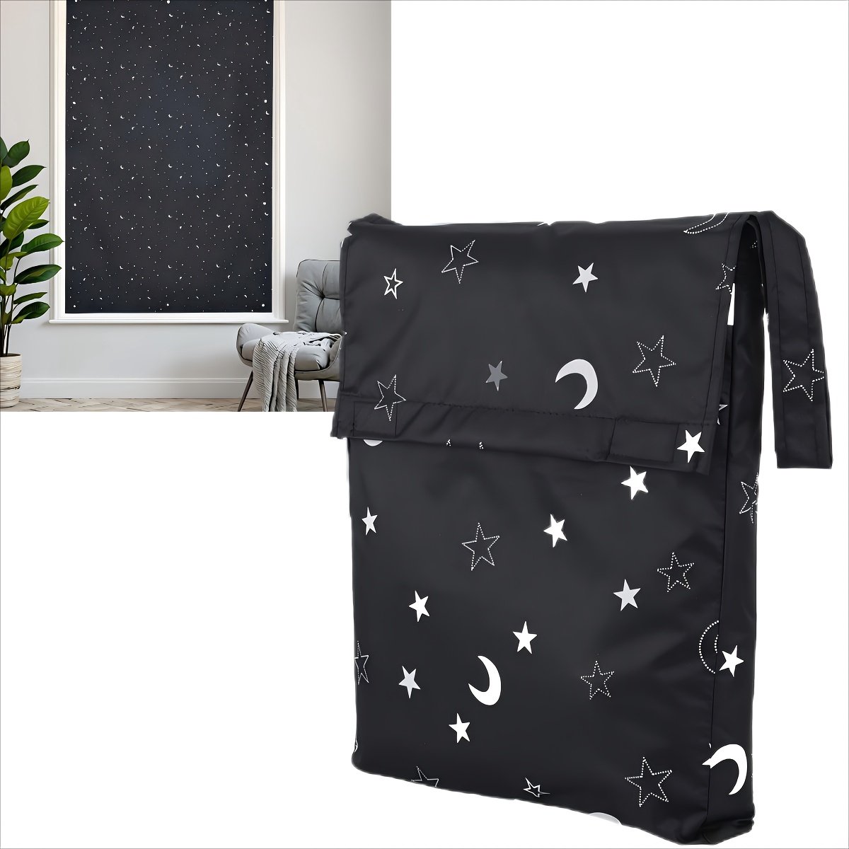 Dutchers® Zwarte Verduisteringsgordijn met Ster & Maan Design – Draagbaar & 100% Donker – Raamfolie Zonder Boren – Voor Woonkamer, Kinderkam