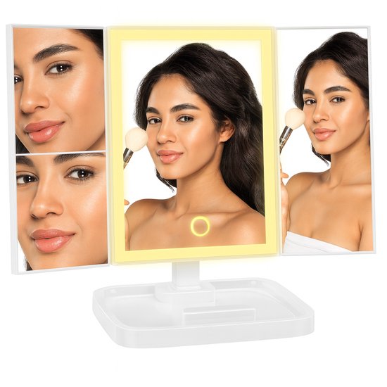 MOONIE'S® Miroir de Maquillage avec éclairage - Éclairage LED - Triple - Rechargeable - 3 Modes d'éclairage à intensité variable - Wit
