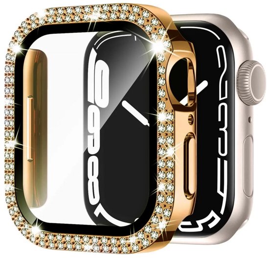 Gouden Apple Watch hoesje met ronde, heldere steentjes. Een tweede Apple Watch is zichtbaar ernaast.