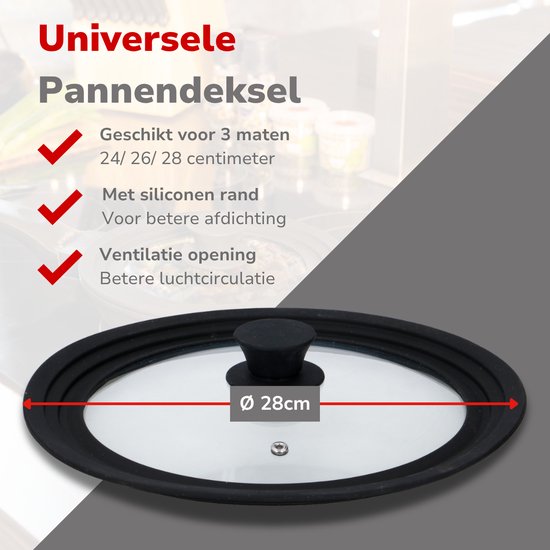 Couvercle en verre universel Alpina avec bord en silicone - pour casseroles de 24cm / 26cm / 28cm