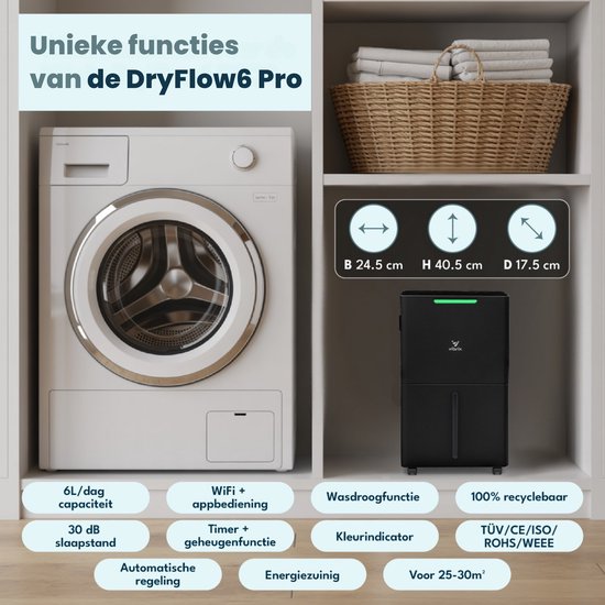 Vibrix DryFlow6 Pro Luchtontvochtiger – 6L per dag – Bediening via App – Wasdroogfunctie – Stil & Energiezuinig – Voor Badkamer, Kelder, Zolder & Slaapkamer – Dehumidifier