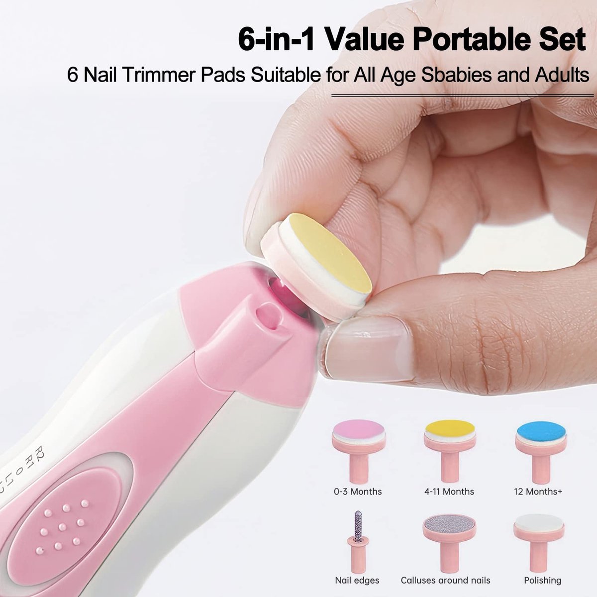 GOODEVN Baby Nail Trimmer Electric - Ultra Quiet & Safe Newborn Nail Clipper Kit with LED Light | 6 Replaceable Grinding Heads for Infant, Toddler & Adults | Painless Fingernail & Toenail Care (Pink) — cadeau in Verzorging - foto 2