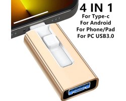 128GB 4-in-1 USB 3.0 Geheugenstick – Geschikt voor iPhone, iPad, Android en PC – Lightning, USB-C, Micro-USB & USB-A – Externe Opslag voor Foto’s, Video’s, Back-up & Bestanden