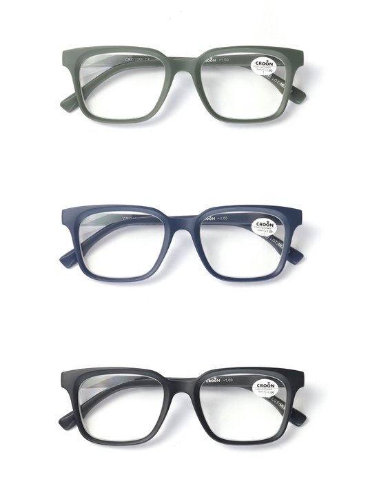 MyReadingGlasses.nl - Croon - lunettes de lecture - lunettes de lecture avec correction - Femme - Homme - SET - Carré 3 - pièces - couleur - Velours noir - Vert olive - Blue Marine - Avec correction +3,50