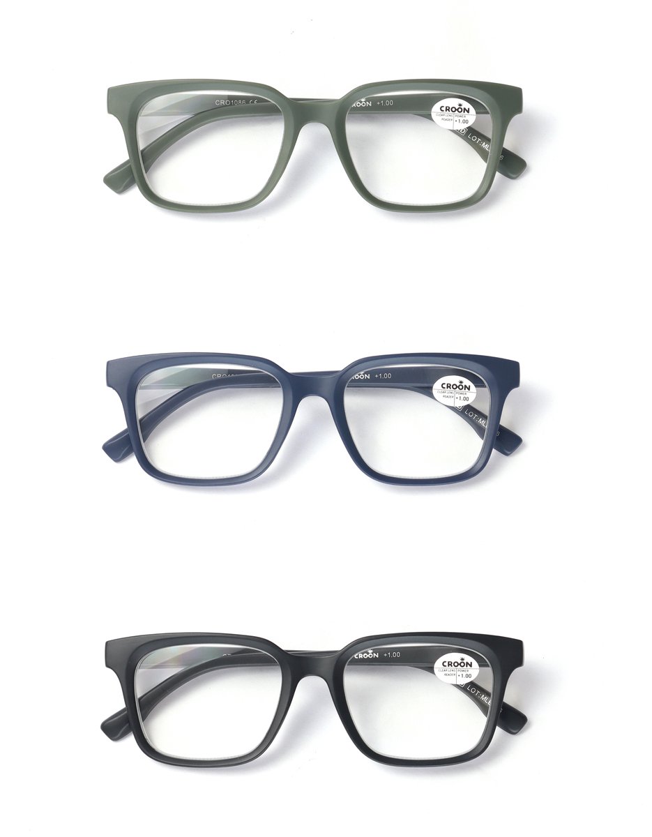 Set van 3 Premium Leesbrillen SQUARE - Sterkte +3.50 - Black Velvet/Green Olive/Blue Marine - Voor Dames & Heren - Italiaans Design - Universele pasvorm