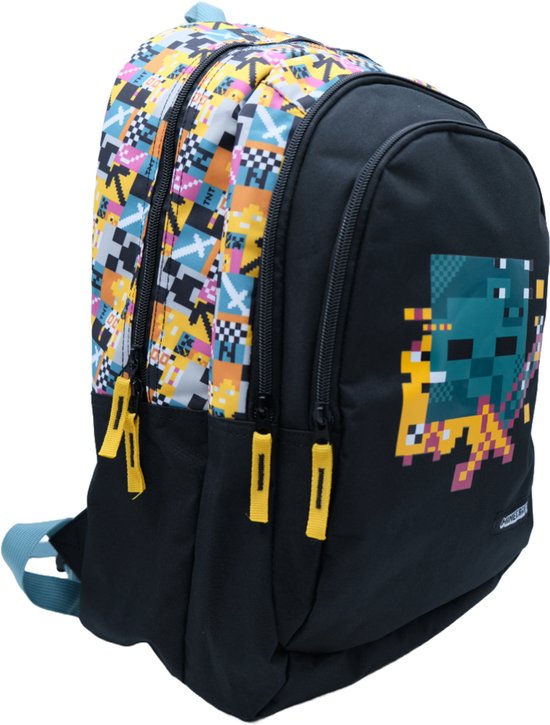 Minecraft Rugzak Jongens 3 Vakken 5pc Set Etui Keycord Sleutelhanger Stickers - Hoogte 42cm