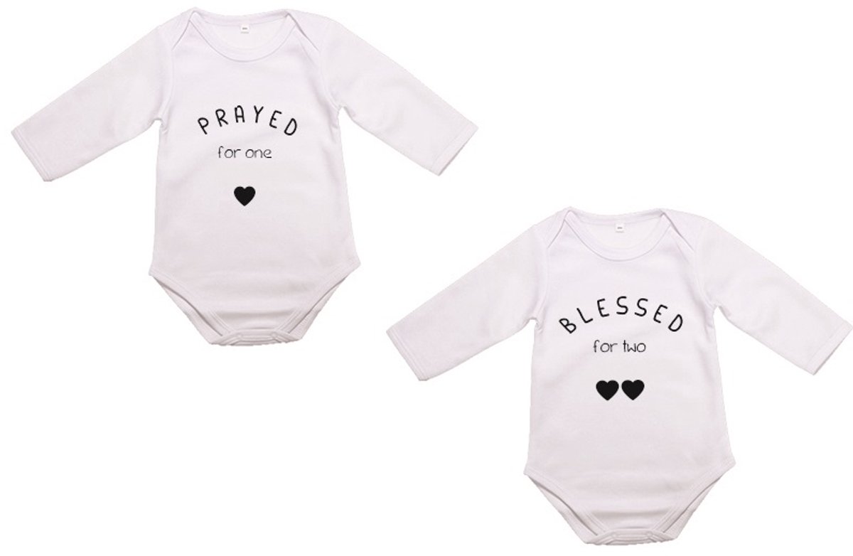 Hospitrix Baby Rompertje Tweeling met Tekst "Prayed for one, Blessed for two" | 0-3 maanden | Korte Mouw |Tweeling Cadeau| Kraamkado | Cadeau voor Zwangerschap | Bekendmaking | Aankondiging | Aanstaande Moeder | Moederdag