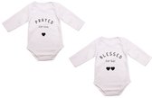 Hospitrix Baby Rompertje Tweeling met Tekst "Prayed for one, Blessed for two" | 0-3 maanden | Korte Mouw |Tweeling Cadeau| Kraamkado | Cadeau voor Zwangerschap | Bekendmaking | Aankondiging | Aanstaande Moeder | Moederdag