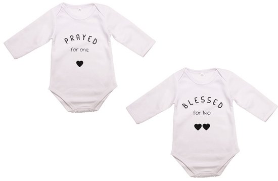 Hospitrix Baby Rompertje Tweeling met Tekst "Prayed for one, Blessed for two" | 0-3 maanden | Korte Mouw |Tweeling Cadeau| Kraamkado | Cadeau voor Zwangerschap | Bekendmaking | Aankondiging | Aanstaande Moeder | Moederdag