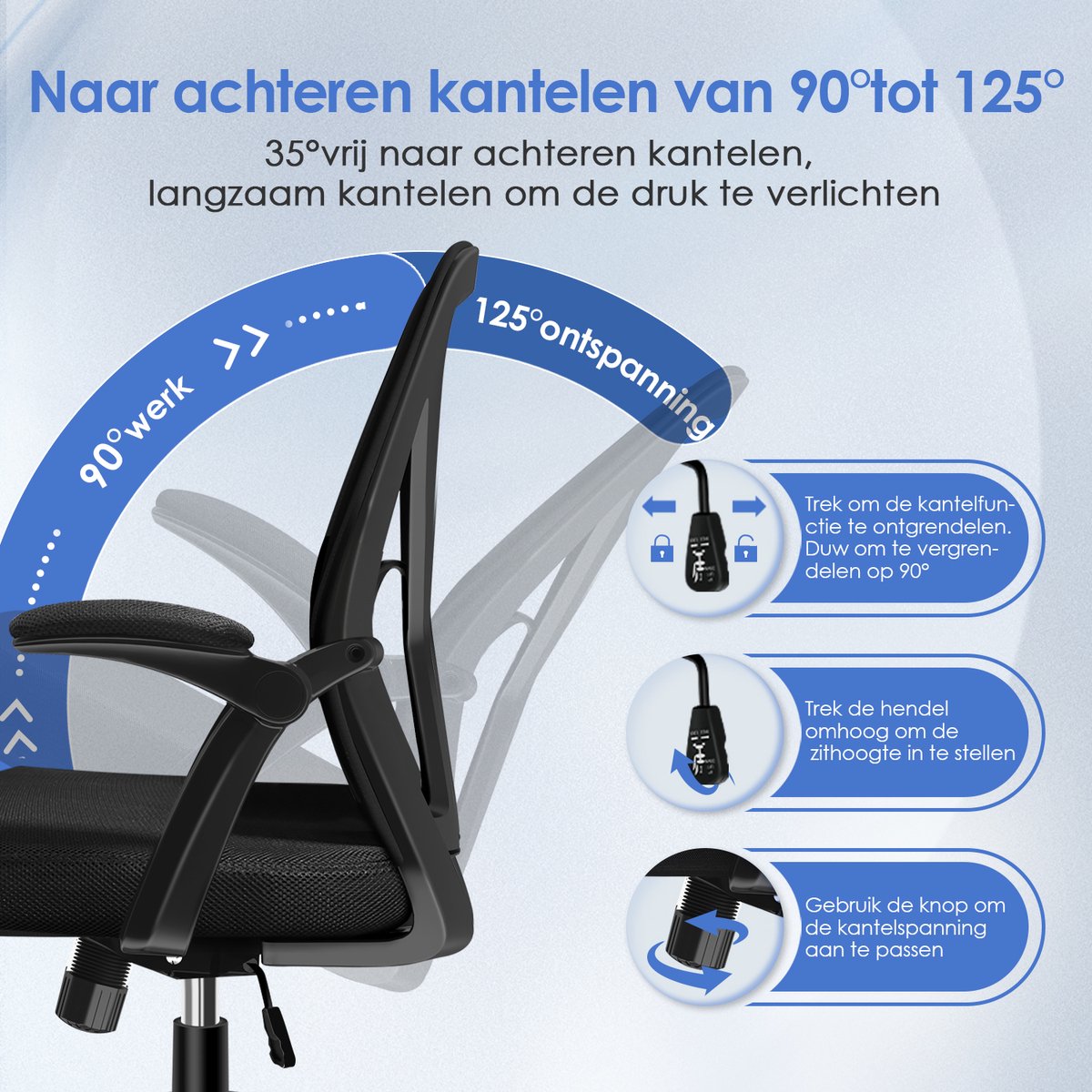 Elekiatech Ergonomische Bureaustoel – Bureaustoelen voor Volwassenen – Verstelbaar – 360° Draaibaar – Inklapbare Armleuningen – Schommelfunctie – Stille Wielen – Tot 150 kg – Zwart thumbnail 5