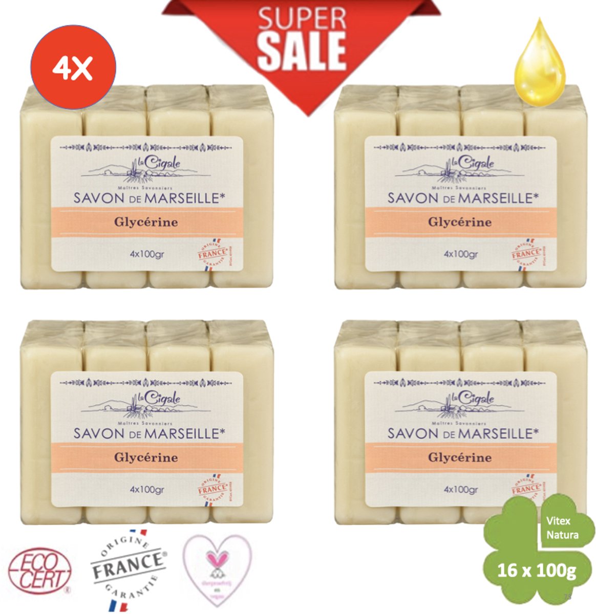 Savon de Marseille 1.6 kg Glycèrine zeep | 4 pakjes a 4x100g | Le Cigale