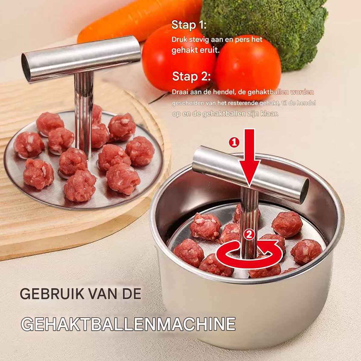 Gehaktbalpers, roestvrijstalen gehaktbal maker, 6/12 ballen