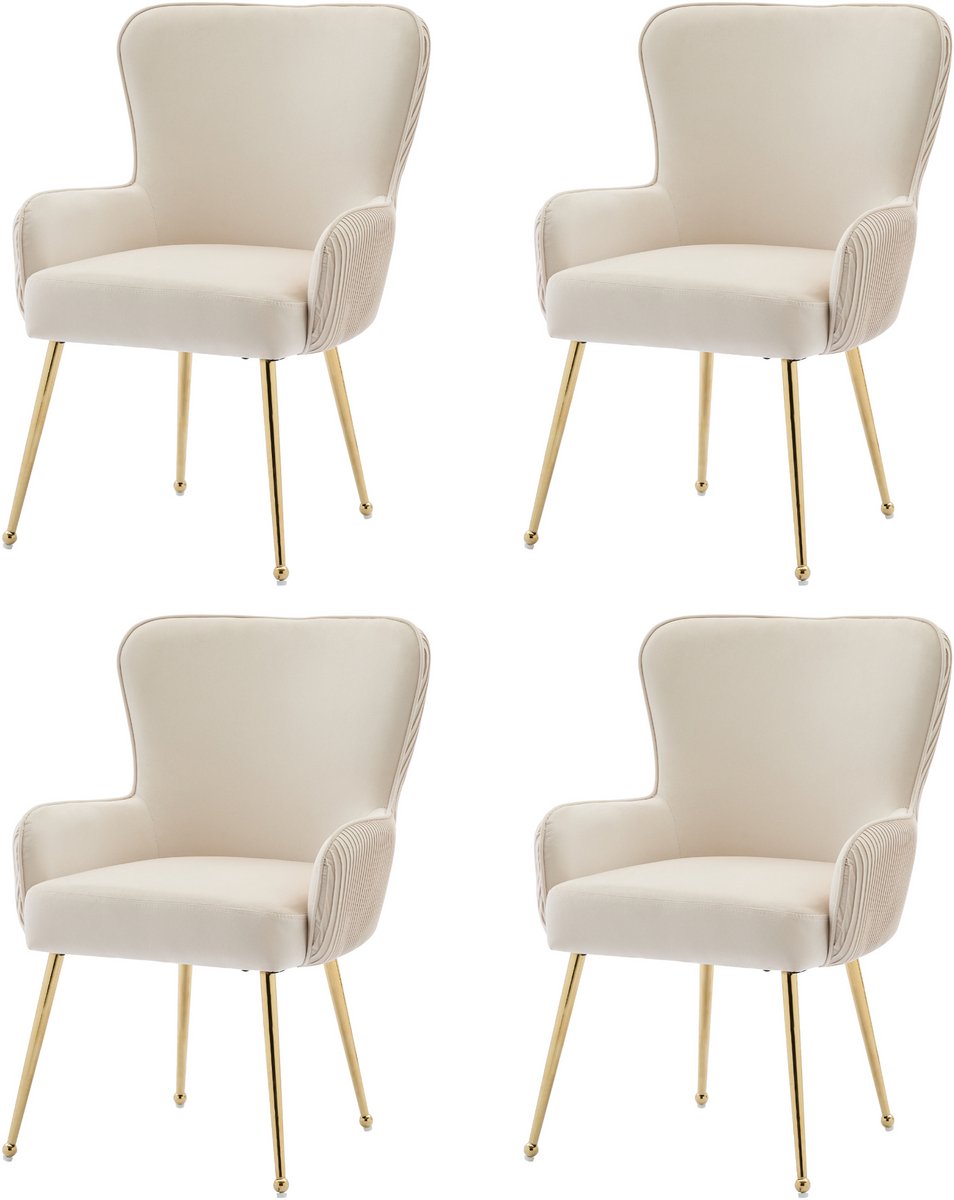 Merax Fluwelen eetkamerstoel - set van 4 - woonkamer - slaapkamer - loungestoel - met armleuningen en verstelbare poten - lendensteun - beige en goud